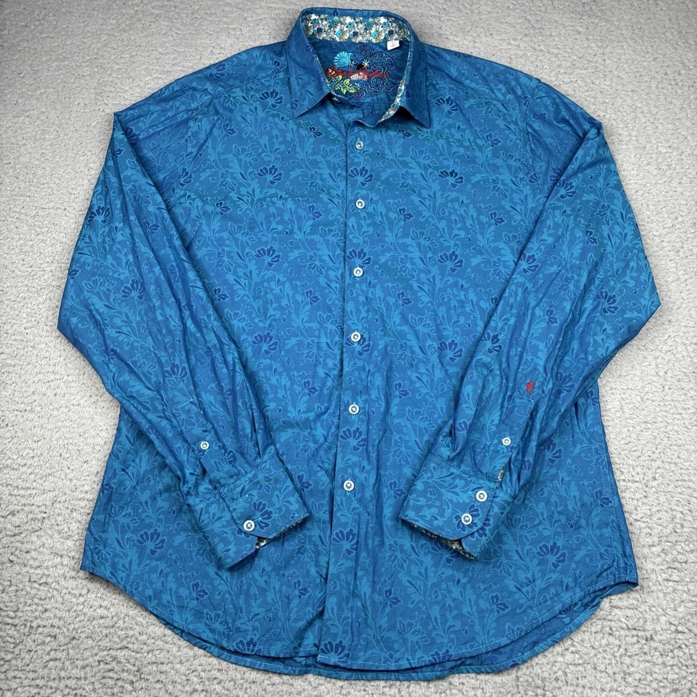 Robert Graham Flip Cuff Shirt Men's XL Blue Floral Jacquard Button Up - Picture 2 of 13